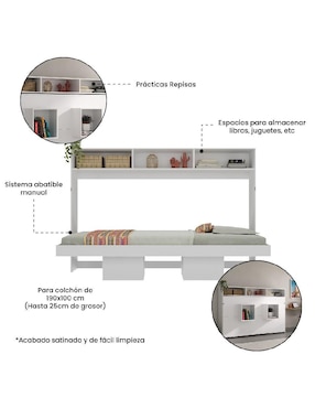 Cama abatible con repisas Amanta de MDF individual