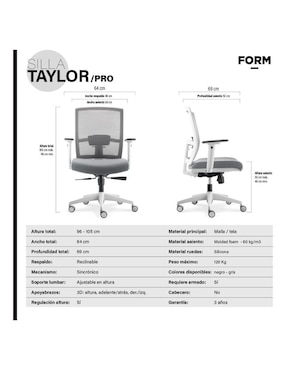 Silla escritorio Ergonómica Taylor Gris Claro Form Design