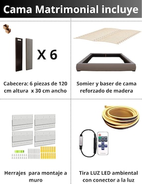 Cama Moder Luxury Kalahari con luz LED ambiental y patrones de cabecera de 30 cm Wall Furniture Paneling de tela