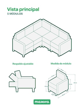 Sala modular zavian de 5 módulos memory foam reclinable a 3 posiciones Makora de chenille