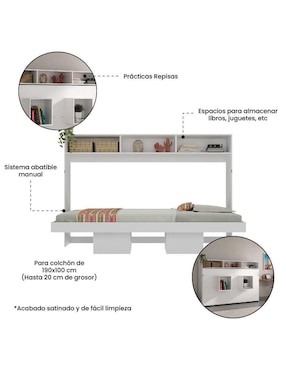 Cama Abatible con repisas Amanta de mdf individual