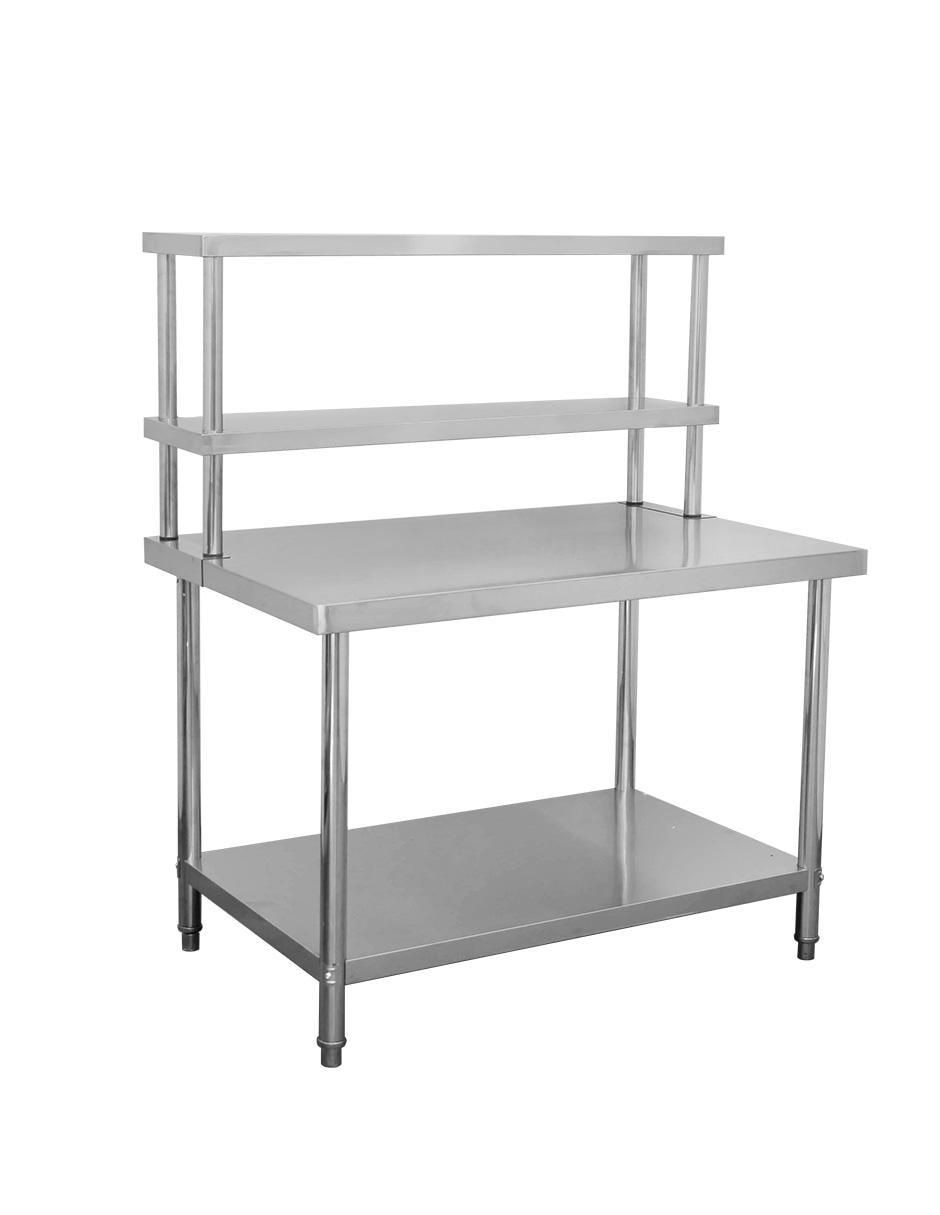 Mesa armable con entrepaño y repisa de acero inoxidable