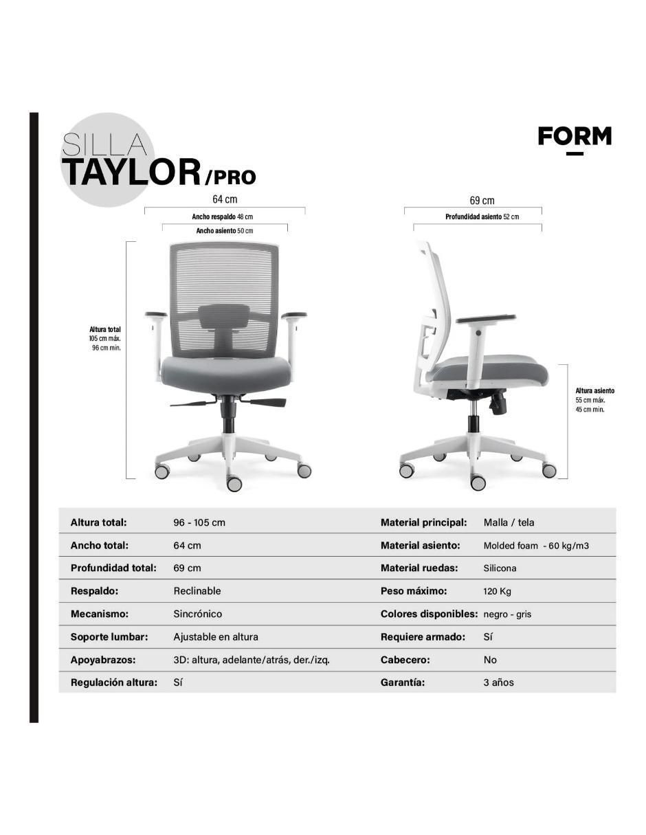 Silla escritorio Ergonómica Taylor Gris Claro 6