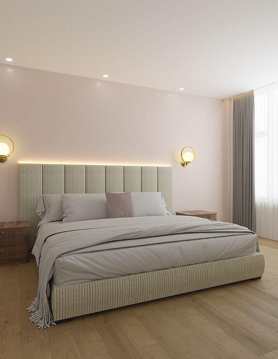 Cama Moder Luxury Vixy Ivory con luz LED ambiental y patrones de cabecera de 30 cm de tela
