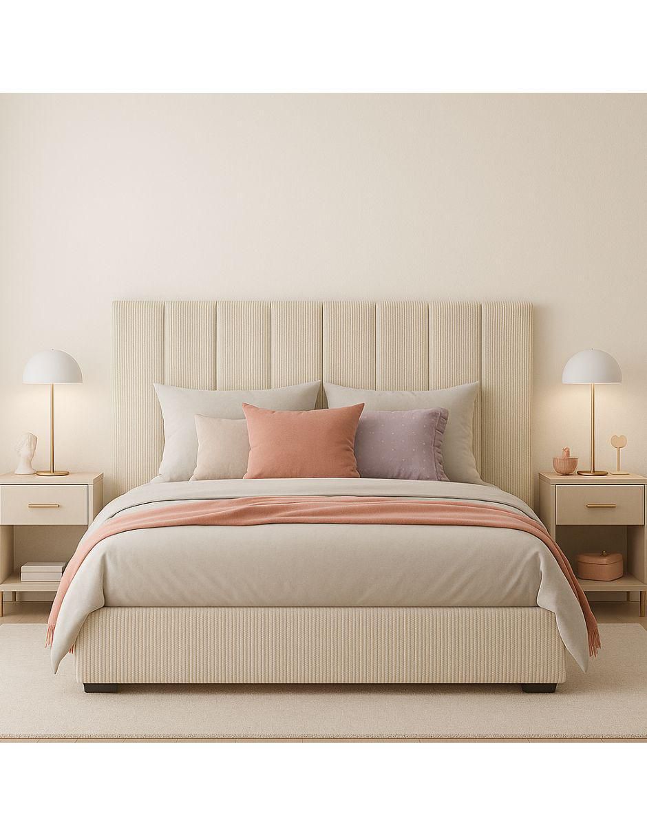 Cama Moder Luxury Vixy Ivory con luz LED ambiental y patrones de cabecera de 30 cm de tela
