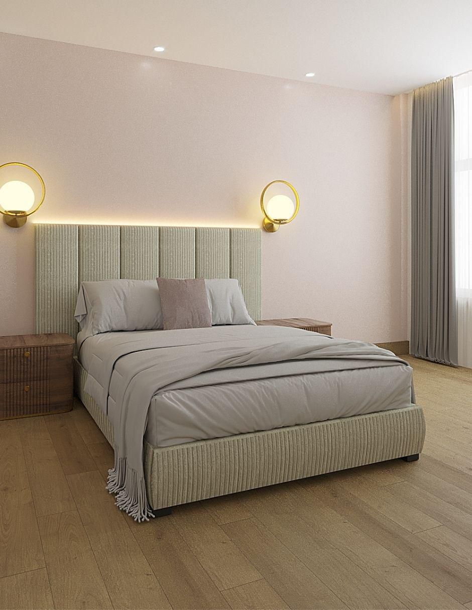 Cama Moder Luxury Vixy Ivory con luz LED ambiental y patrones de cabecera de 30 cm de tela 5