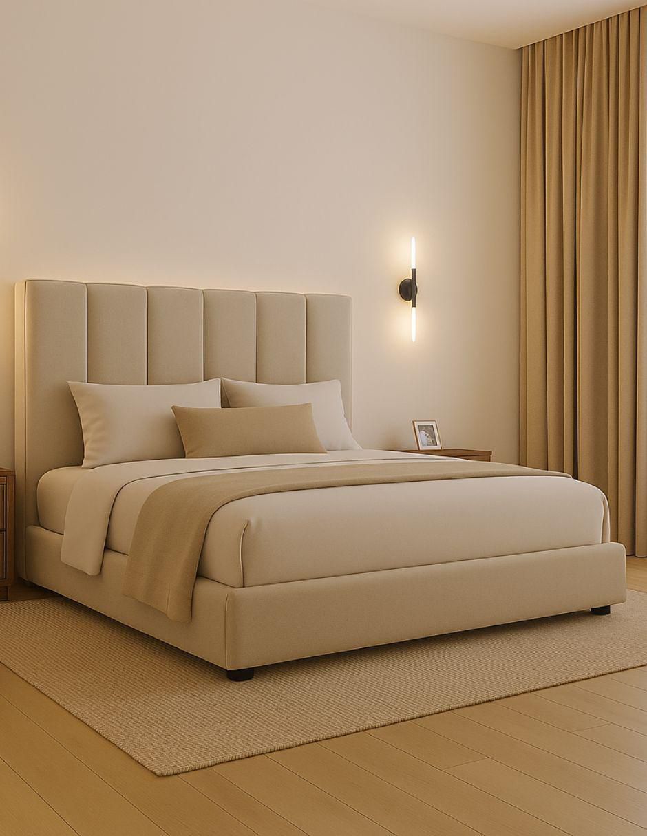 Cama Moder Luxury Imperio Plus con luz LED ambiental y patrones de cabecera de 30 cm de tela