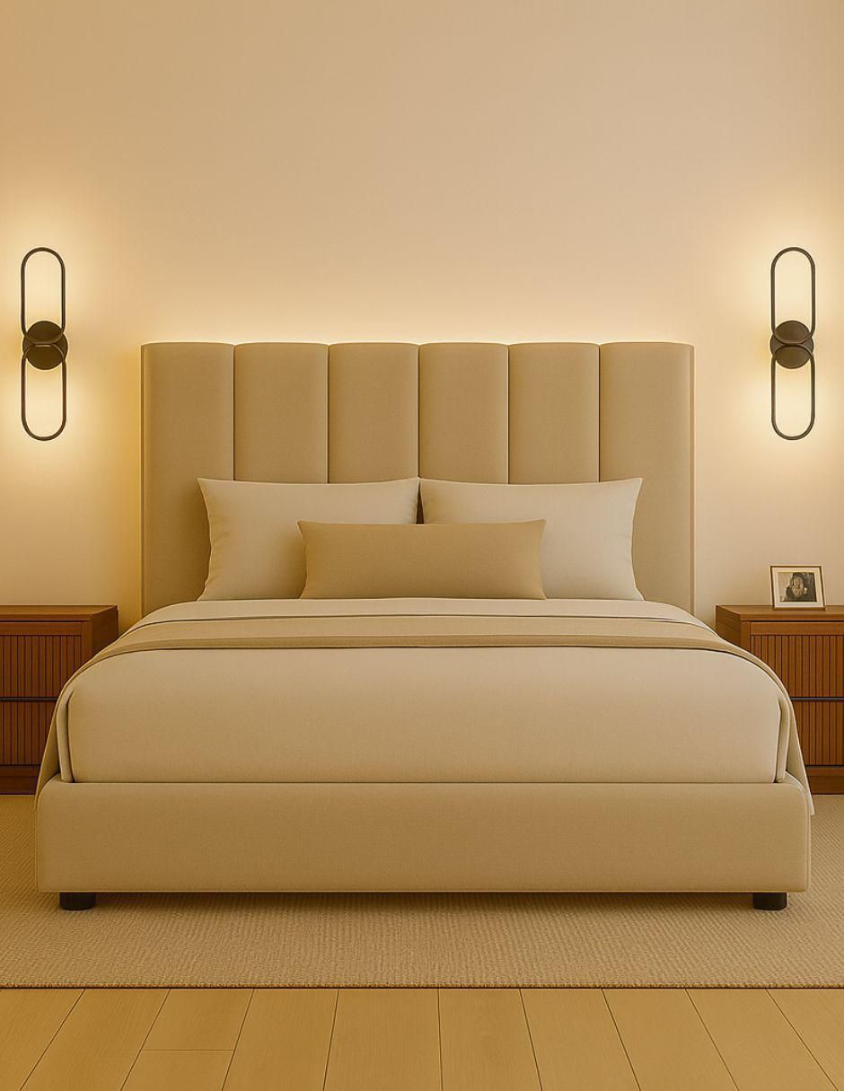 Cama Moder Luxury Imperio Plus con luz LED ambiental y patrones de cabecera de 30 cm de tela