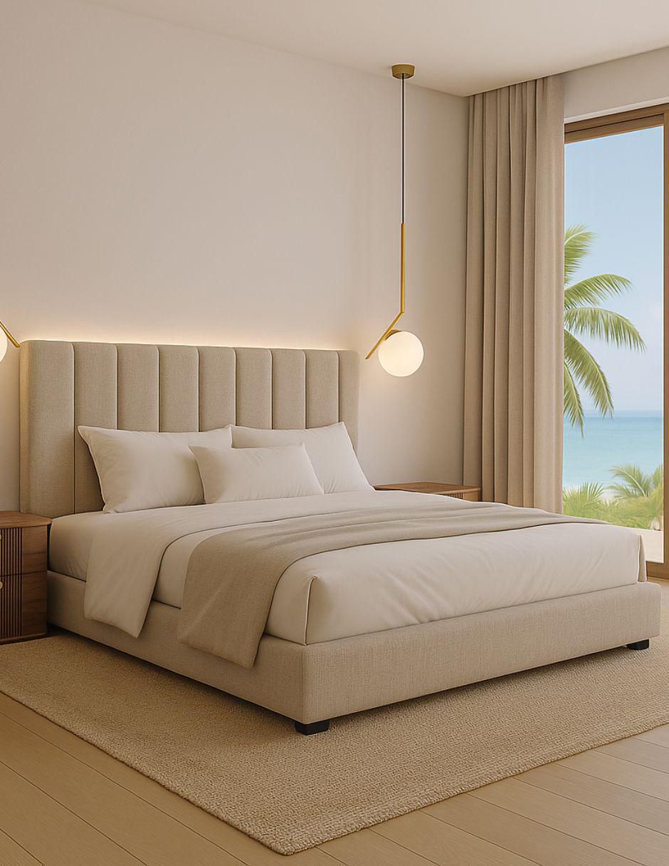 Cama Moder Luxury Kalahari con luz LED ambiental y patrones de cabecera de 30 cm de tela 7