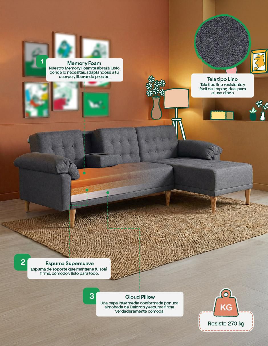 Sala modular brunello con memory foam reversible makora "de" lino